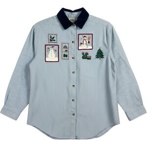 High Sierra Button Down Women Med Blue Stripe Snowman Christmas Corduroy Collar